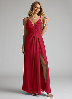 Azazie Maren Allure Bridesmaid Dresses Scarlet A-Line V-Neck Lace Chiffon Dress image3