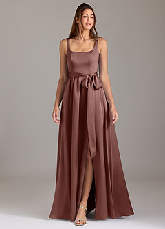 Azazie Elliott Bridesmaid Dresses Espresso A-Line with Pockets Stretch Satin Dress image3