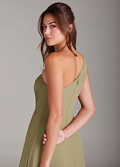 Azazie Brooke Abiti da Damigella Abito A-Line in Chiffon Monospalla Verde Muschio image2