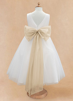 Azazie Kavi Flower Girl Dresses Ivory Champagne A-Line Bow Matte Satin Dress image8
