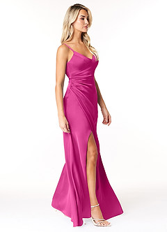 Azazie Marchella Jurken voor bruidsmeisjes Jurk van Stretch Satijn met A-Lijn Korset Fuchsia image5