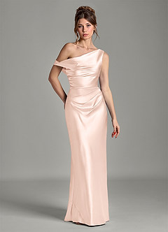 Azazie Emerson Bridesmaid Dresses Rose Gold Mermaid Off the Shoulder Metallic Satin Dress image1