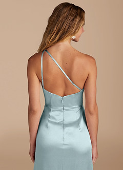 Azazie Mika Bridesmaid Dresses Mist Sheath One Shoulder Metallic Satin Dress image2