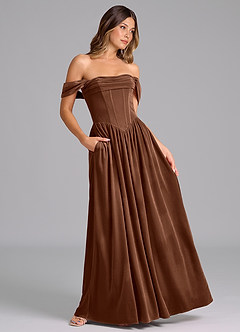 Azazie Hattie Bridesmaid Dresses Umber A-Line Ruched Velvet Dress image3