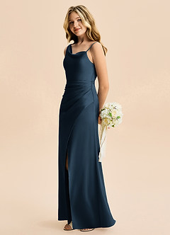Azazie Abby Junior Dark Navy Sheath Pleated Stretch Satin Dress image3
