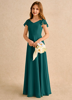 Azazie Nari Girls Formal Flower Girl Dresses Peacock A-Line with Sleeves Chiffon Dress image3