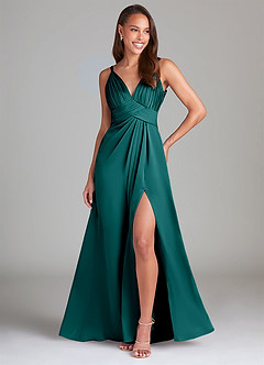 Azazie Maren Allure Robes de demoiselle d'honneur Robe Trapèze en Satin extensible Dentelle Paon image1
