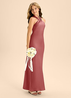 Azazie Doretta Junior A라인 주름진 스트레치 새틴 플로어 길이 주니어 신부 들러리 드레스 image7