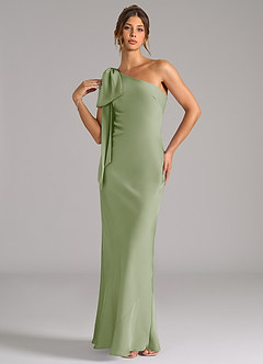 Azazie Capri At-home Try On Dresses Dusty Sage Mermaid One Shoulder Stretch Satin Dress image3
