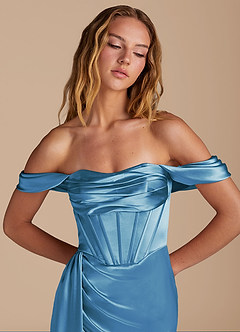 Azazie Amyra Bridesmaid Dresses Steel Blue Mermaid Sweetheart Neckline Metallic Satin Convertible Dress image7