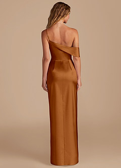 Azazie Lia Bridesmaid Dresses Copper Sheath Off the Shoulder Metallic Satin Dress image4