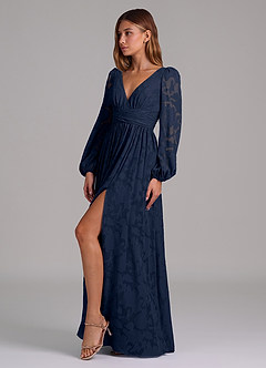 Azazie Norah Robes de demoiselle d'honneur Robe Trapèze en Blumen-Burnout Manche longue Bleu Marine Foncé image3