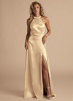 Azazie Clarice Bridesmaid Dresses Gold A-Line High Neck Metallic Satin Dress image4