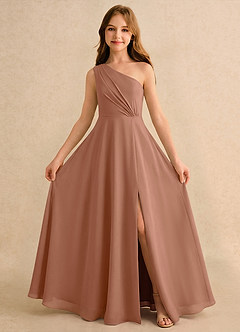 Azazie Puddles Girls Formal Robe Demoiselle D'honneur Fillette Robe Trapèze en Mousseline de soie Une épaule Bronze image5