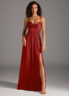 Azazie Zeya Bridesmaid Dresses Pomegranate A-Line Pleated Stretch Satin Dress image2