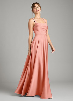 Azazie Shaude Bridesmaid Dresses Coral A-Line Pleated Stretch Satin Dress image7