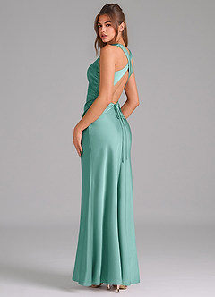 Azazie Evadne Bridesmaid Dresses Aqua A-Line Pleated Stretch Satin Dress image5