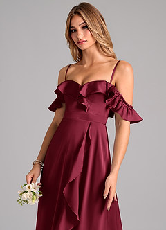 Azazie Lyra Bridesmaid Dresses Burgundy A-Line Off the Shoulder Stretch Satin Convertible Dress image7