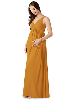 Azazie Yetta Maternity Bridesmaid Dresses A-Line V-Neck Gathered Chiffon Floor-Length Dress image5