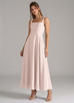 Azazie Shaude 신부 들러리 드레스 A라인 주름진 스트레치 새틴 발목 길이 드레스 image4