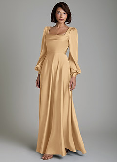 Azazie Solana Robes de demoiselle d'honneur Robe Trapèze en Satin extensible Manches longues Or image6