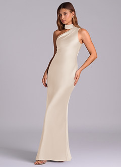 Azazie Seona Robes de demoiselle d'honneur Robe Sirène en Satin extensible Une épaule Albâtre Blanc image6