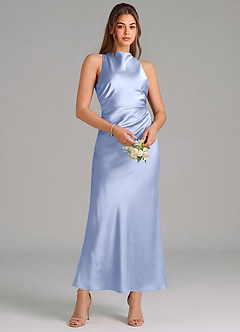 Azazie Evadne Vestidos de damas de honor Vestido de Hielo de Satén Elástico de Corte Recto con Plisado image3