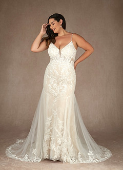 Azazie Leonie Wedding Dresses Diamond White Champagne Mermaid V-Neck Sequins Tulle Dress image5