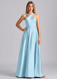 Azazie Dixie 신부 들러리 드레스 A라인 주름진 스트레치 새틴 바닥 길이 드레스 image3