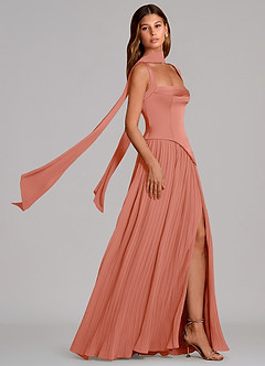 Azazie Stephanie Vestidos de damas de honor Vestido de Rosa Salmón de Satén Elástico de Corte en A con Plisado image3