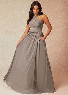 Azazie Hillian Bridesmaid Dresses Taupe A-Line Halter Pleated Mesh Dress image1