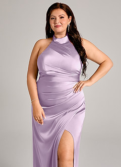 Azazie Jemma Bridesmaid Dresses Frosted Lilac Sheath Pleated Stretch Satin Dress image8