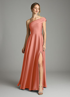 Azazie Melanie Vestidos de damas de honor Vestido de Rosa Salmón de Satén Elástico de Corte en A con Vestidos sin tirantes image3