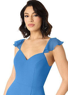 Azazie Everett Jurken voor bruidsmeisjes Jurk van Chiffon met A-Lijn V-hals Gerimpeld Blauwe Gaai image5