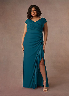 Azazie Roya Mother of the Bride Dresses Ink Blue Mermaid V-Neck Pleated Mesh Dress image7