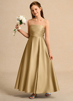 Azazie Pebbles Girls Formal Flower Girl Dresses Gold A-Line Pleated Matte Satin Dress image1