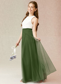 Azazie Albertine Junior A-Linie Spitze Chiffon Kleid Olivgrün image3