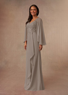 Azazie Perry Mother of the Bride Dresses Taupe Mermaid V-Neck Lace Chiffon Dress image2