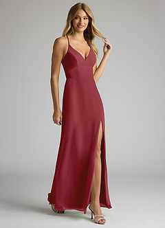 Azazie Becca Bridesmaid Dresses Pomegranate Sheath V-Neck Chiffon Dress image2