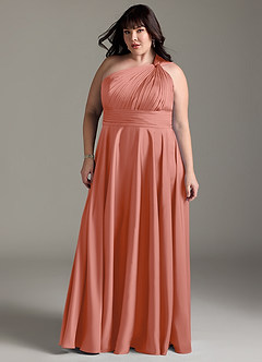 Azazie Charlize Bridesmaid Dresses Salmon Pink A-Line One Shoulder Stretch Satin Dress image13