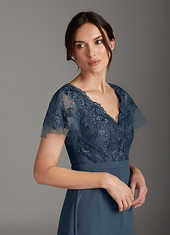 Azazie Singer Moeder van de bruid jurken A-Lijn Jurk van Chiffon V-hals kant Neptunus image5