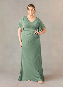 Azazie Selah At-home Try On Dresses Agave A-Line V-Neck ruched Mesh Dress image6