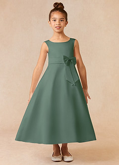 Azazie Lindy Flower Girl Dresses Eucalyptus A-Line Pleated Matte Satin Dress image2