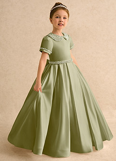 Azazie Gabriella Flower Girl Dresses Moss Green Ball-Gown with Sleeves Matte Satin Dress image1