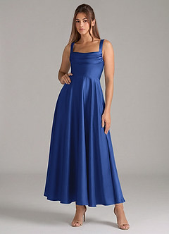 Azazie Shaude Bridesmaid Dresses Royal Blue A-Line Pleated Stretch Satin Dress image1