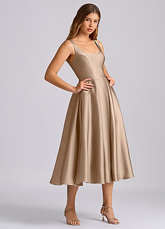 Azazie Amalie Bridesmaid Dresses Taupe A-Line Pleated Stretch Satin Dress image4