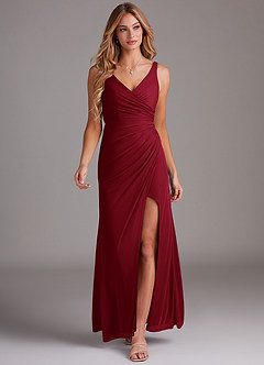 Azazie Leandra Bridesmaid Dresses Burgundy Mermaid V-Neck Pleated Mesh Dress image5