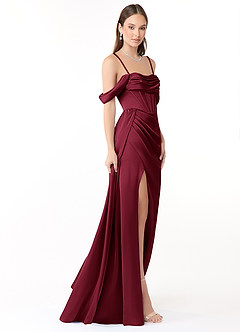 Azazie Amyra At-home Try On Dresses Burgundy Mermaid Off the Shoulder Stretch Satin Convertible Dress image6
