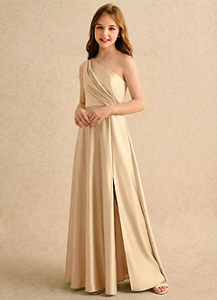Azazie Puddles Girls Formal Flower Girl Dresses Champagne A-Line One Shoulder Stretch Satin Dress image4