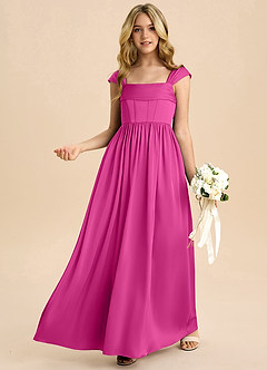 Azazie Hattie Junior Abito A-Line in Raso Elasticizzato Plissettato Fucsia image4